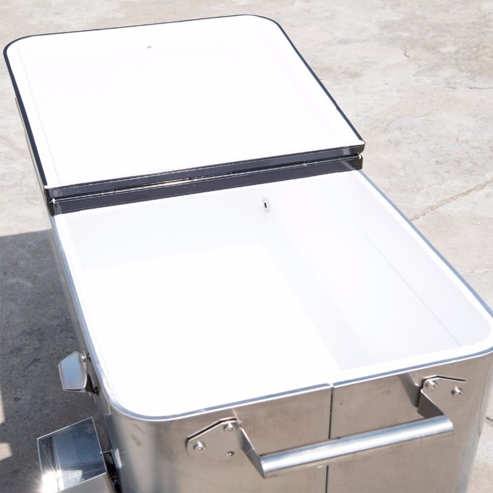 80 Qt Outdoor Patio Cooler Table with Wheels, Stainless Steel Rolling Cooler With Shelf