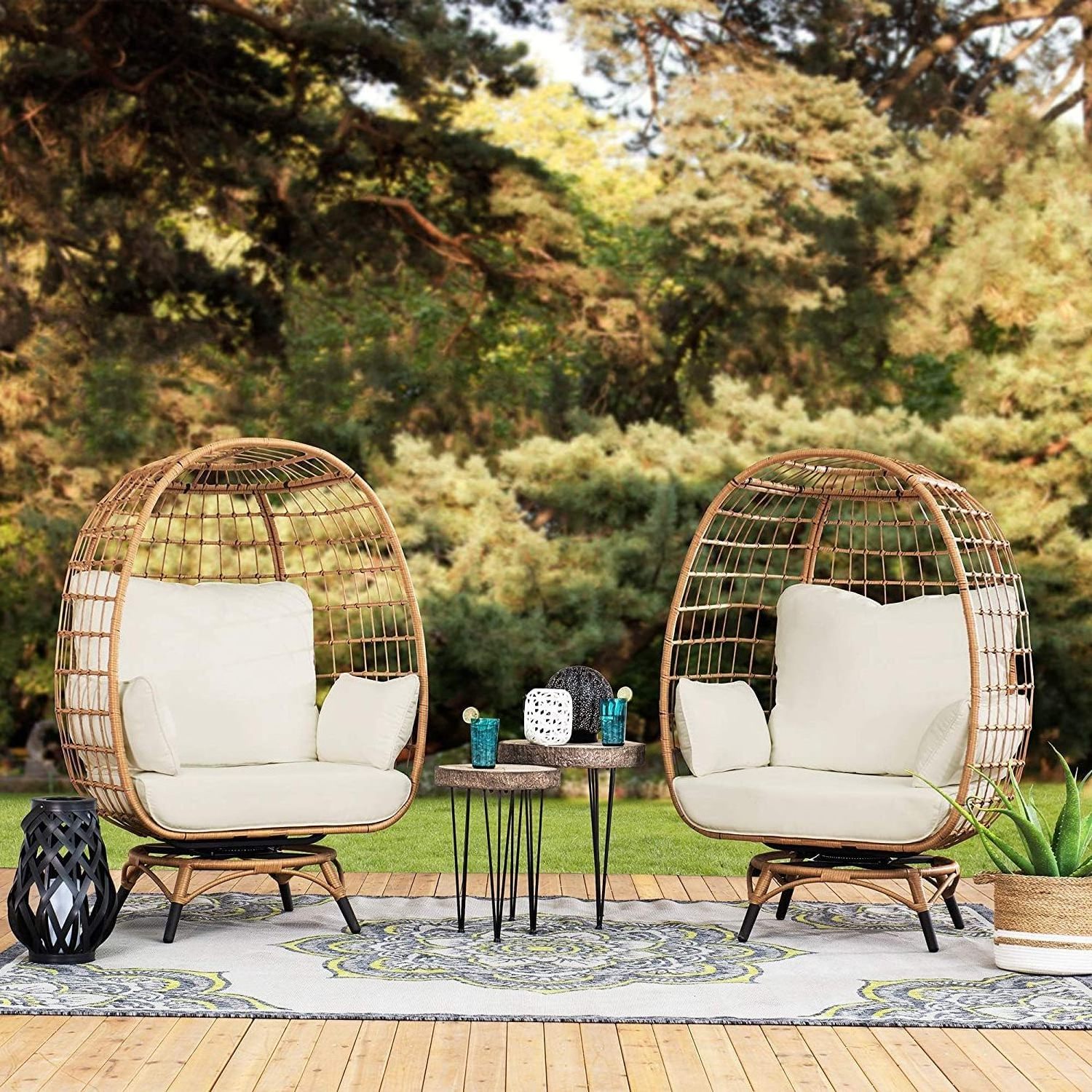 Egg Cuddle Wicker Swivel Oversized Indoor Outdoor Lounge Chairs with 4 Cushions for Patio  Backyard Living Room