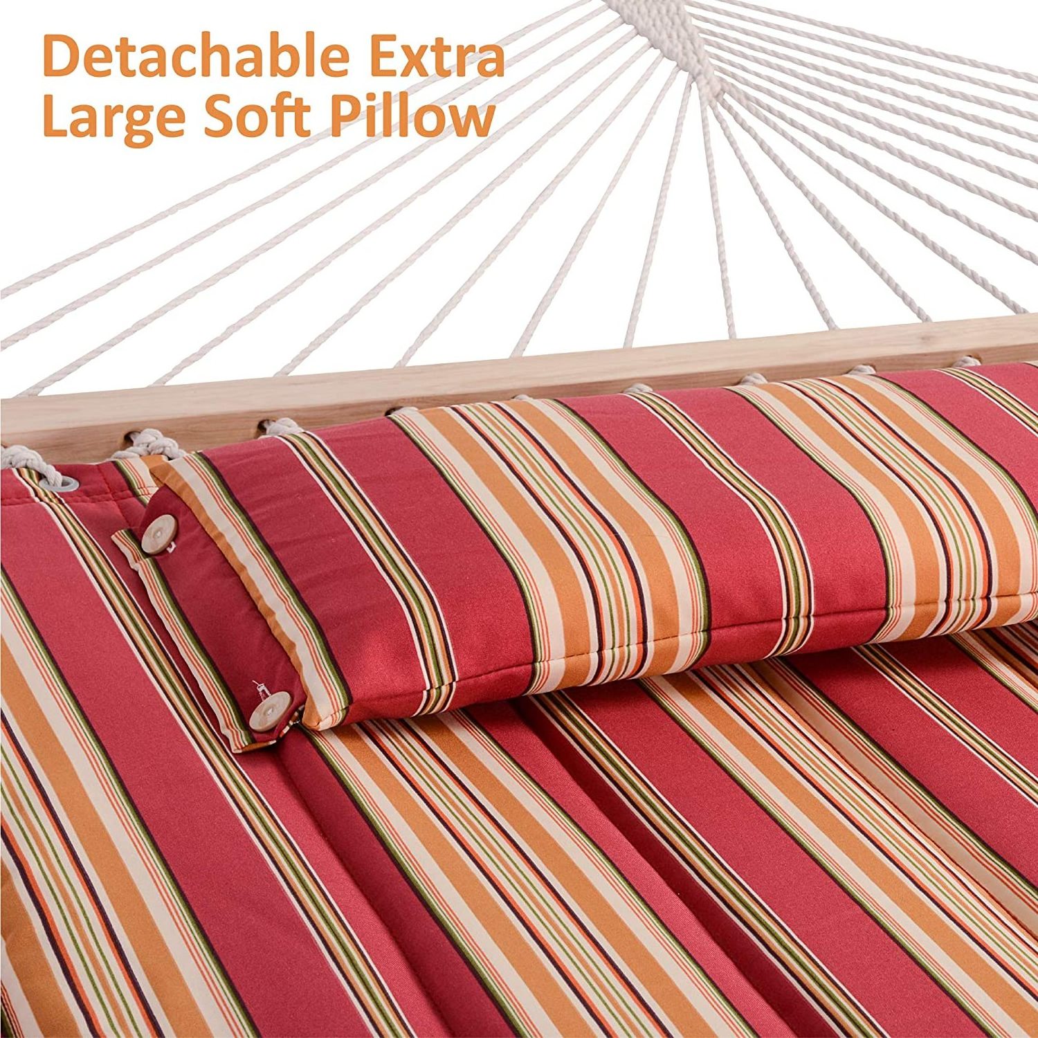 Outdoor leisure red strip quilted hammock with pillow and wood spread bar