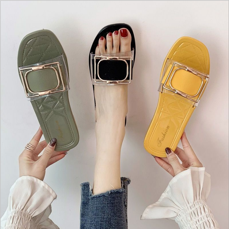 The New 2024 Square Buckle Slippers Outdoor Vacation Flat Shoes Soft Sole Flip Flops Beach Slippers Sandals For Women And Ladies