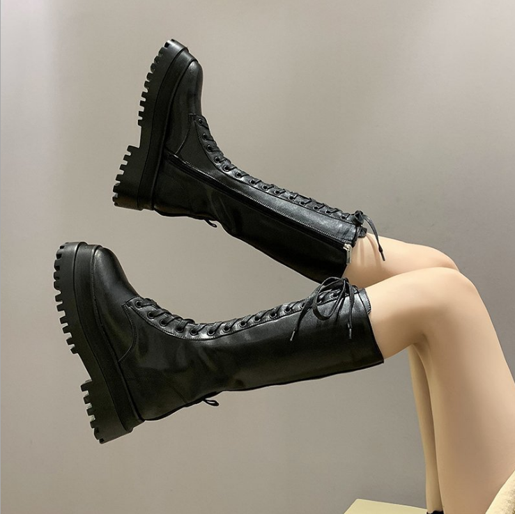 New 2022 Autumn and winter plus cotton leather boots women's knee-length lace-up boots round toe cross British style knight shoe