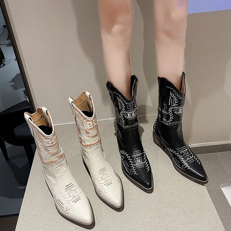 Women's Boots 2022 New Large Size Western Cowboy Boots Pointed Toe Retro Mid-tube Women's Boots