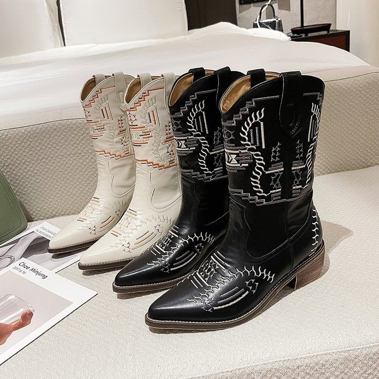 Women's Boots 2022 New Large Size Western Cowboy Boots Pointed Toe Retro Mid-tube Women's Boots