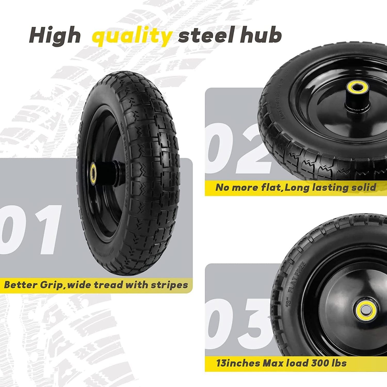 HKT1007 amazon upgraded no flat rubber wheels compatible with gorilla cart solid polyurethane tires 13'' flat free wheels