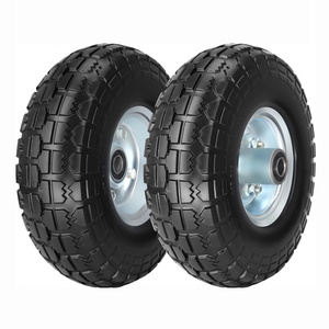 HKT1429 2.1" Offset for Wheelbarrow Hand Truck Solid Polyurethane Tire and Wheel with 5/8" Axle Bore 10x3.50-4 flat free wheels