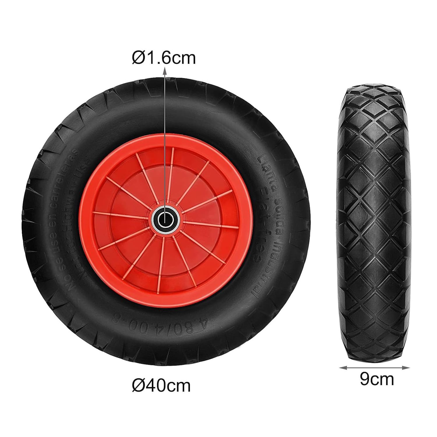 HKT1450 Heavy Duty Replacement Tire Puncture Proof Solid Tyre with 16mm Bore 4.80/4.00-8 Pneumatic Trolley 16