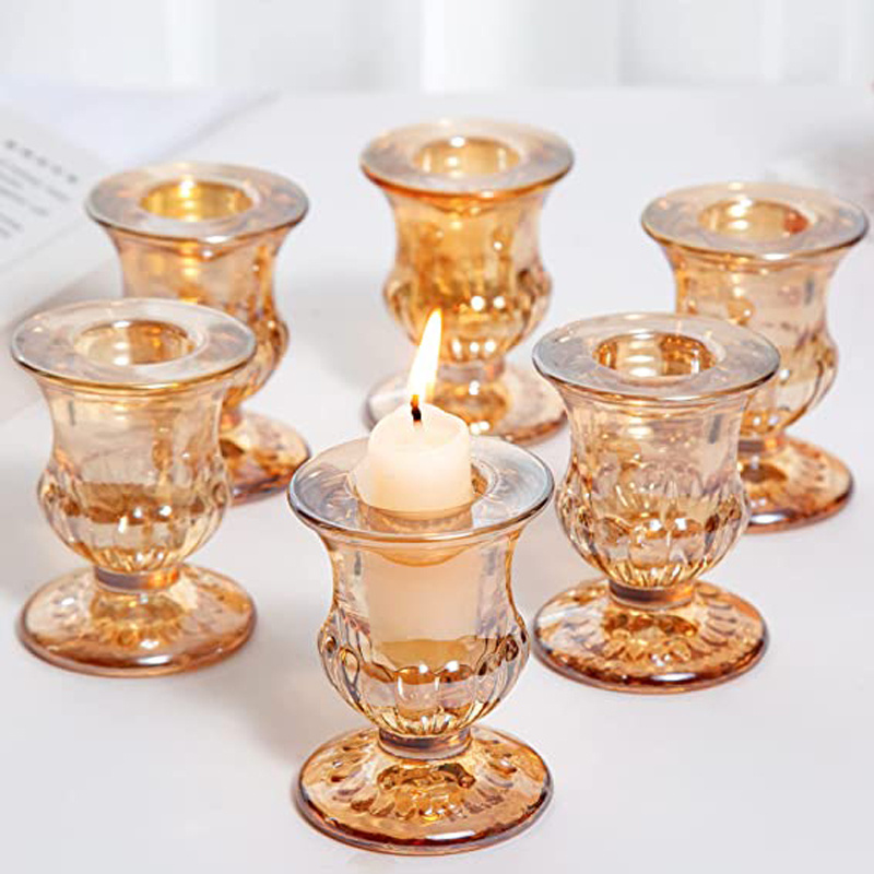 Crystal Clear Amber Glass Taper Candle Holders for Wedding, Glass Candlestick Holders Set for Wedding Table Centerpieces