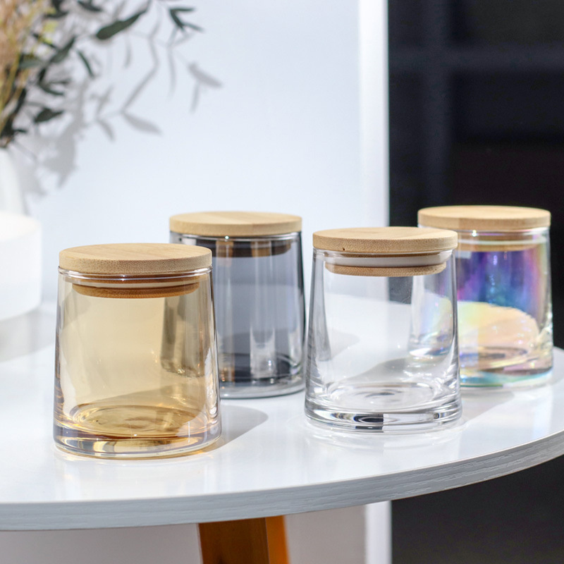 Low MOQ wholesale Smokey Grey Glass Candle Jars with Wooden Lid ,Transparent Amber Pink  Empty Candle Jars for Making Candles