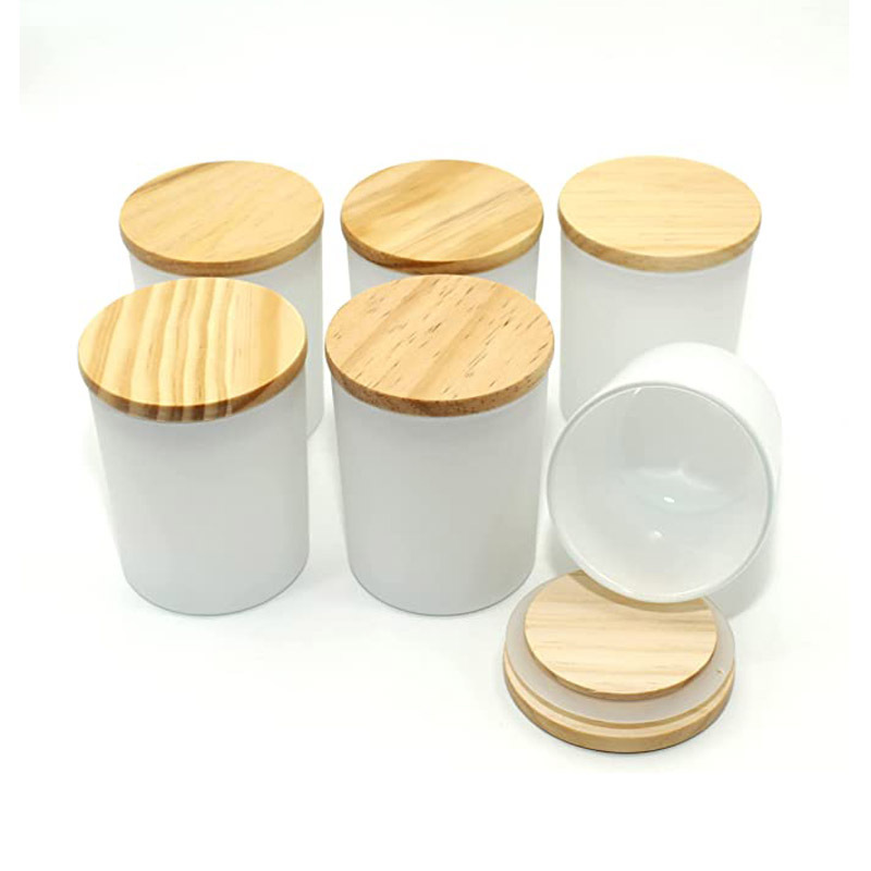 Low MOQ wholesale White Glass Candle Jars with Wooden Lid ,Transparent Amber Black  Empty Candle Jars for Making Candles