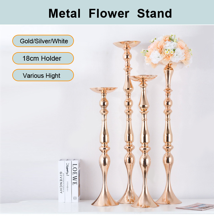 Tall Wedding Centerpieces Gold Candle Holder Flower Vase , White Metal Silver Flowers Stand for Party Tables Decorations