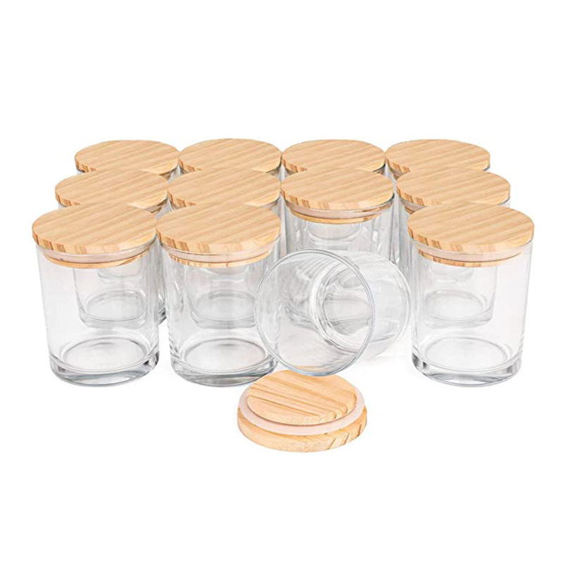 Low MOQ wholesale White Glass Candle Jars with Wooden Lid ,Transparent Amber Black  Empty Candle Jars for Making Candles