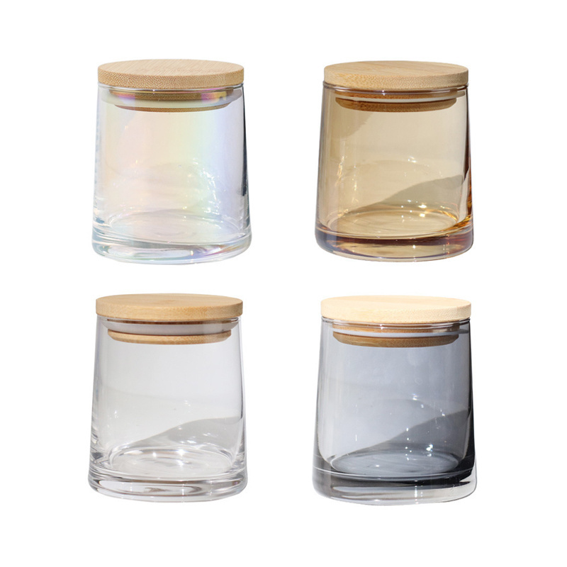 Low MOQ wholesale Smokey Grey Glass Candle Jars with Wooden Lid ,Transparent Amber Pink  Empty Candle Jars for Making Candles