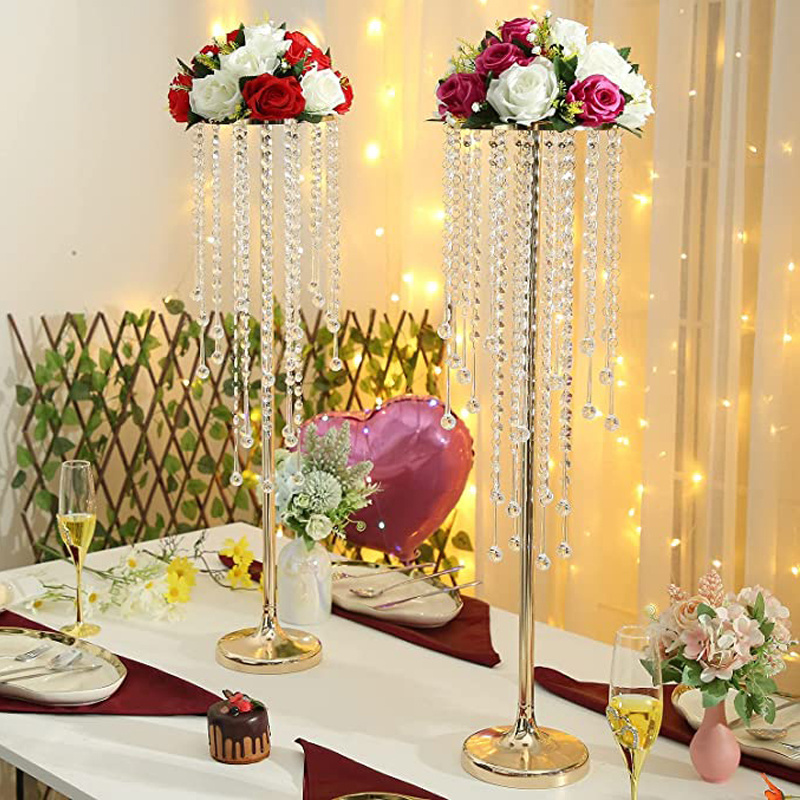 Gold Metal Crystal Tall Vases Wedding Centerpieces for Tables, Metal Flower Candle Holder with Sparkling Crystal Beads