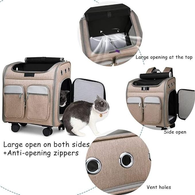 Airline Approved Telescopic Zipper Mesh Breathable Walking Handle Cat Dog Pet Carrier with Wheels