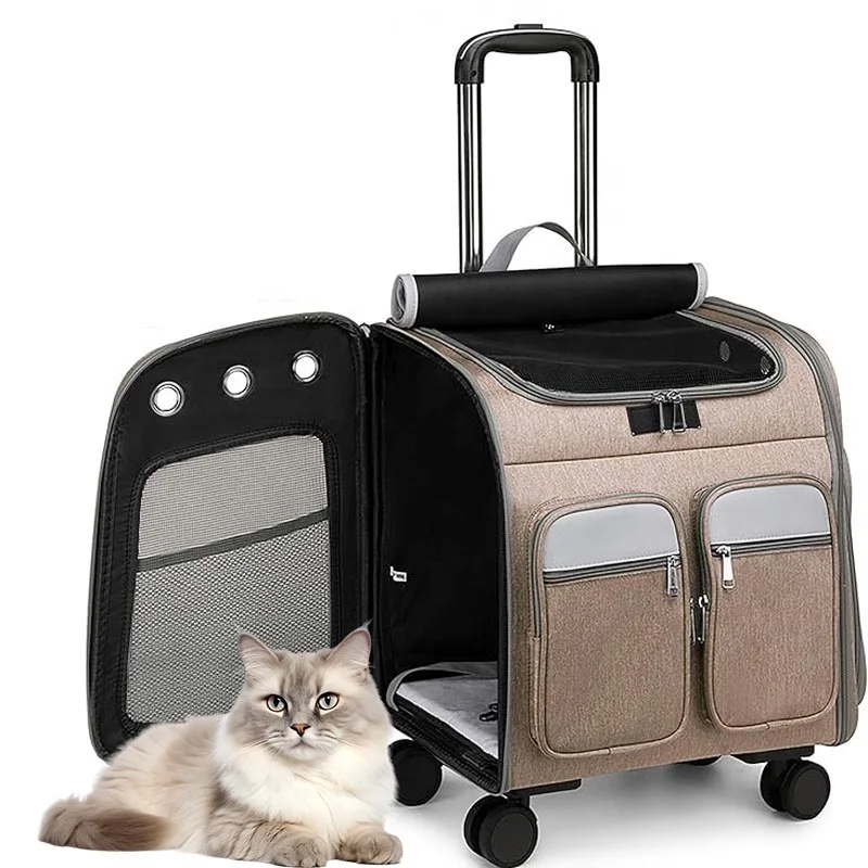 Airline Approved Telescopic Zipper Mesh Breathable Walking Handle Cat Dog Pet Carrier with Wheels Pet suitcase