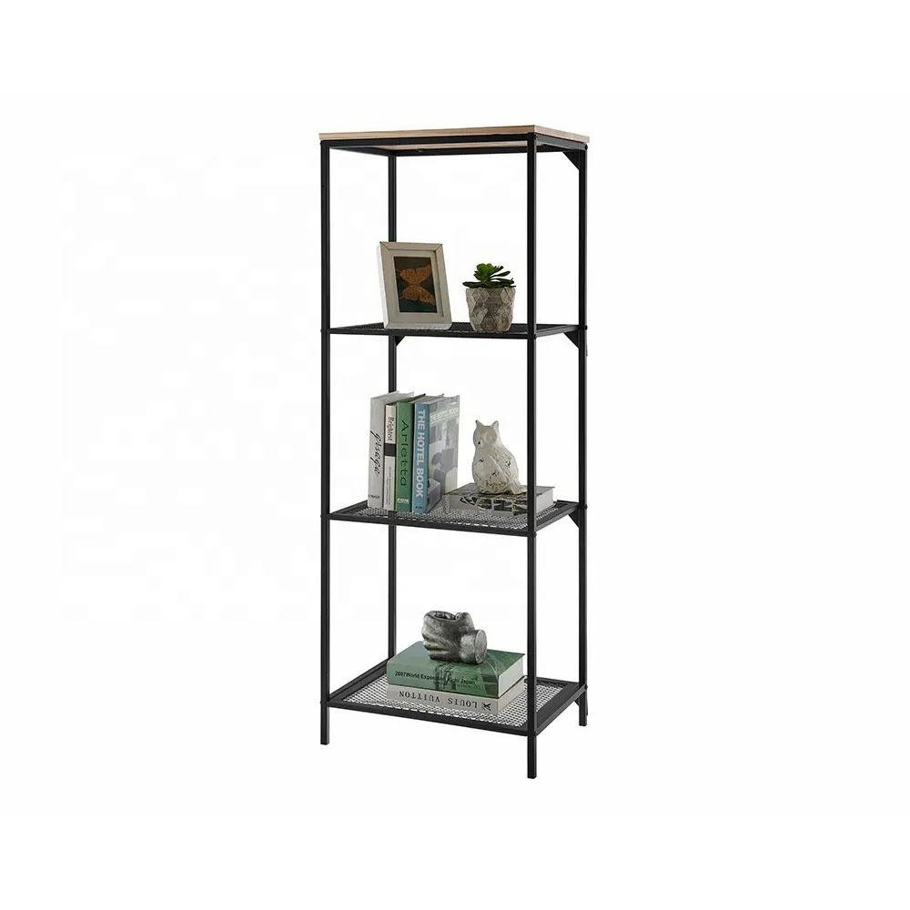 4 Tiers Metal and Wooded Organizer Shelving Unit Free Standing Open Storage Bookcase