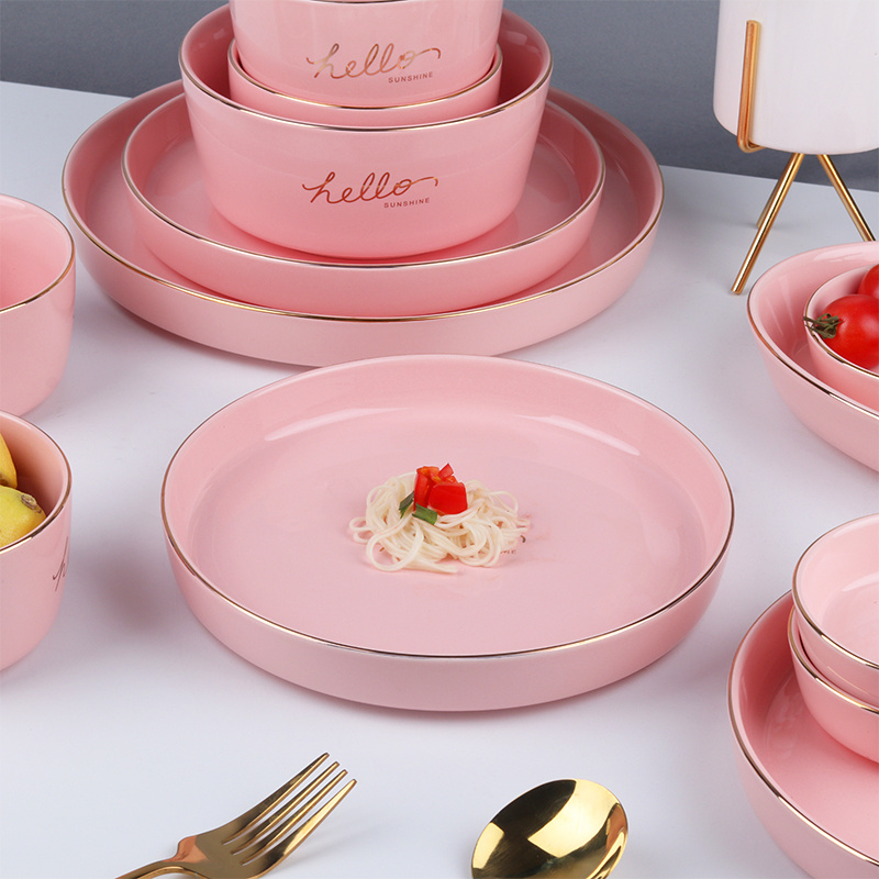 36pcs Dinner Set Porcelain Pink Marble Dinner Set with Gold Rim Pink Dinner Plate and Bowl Set