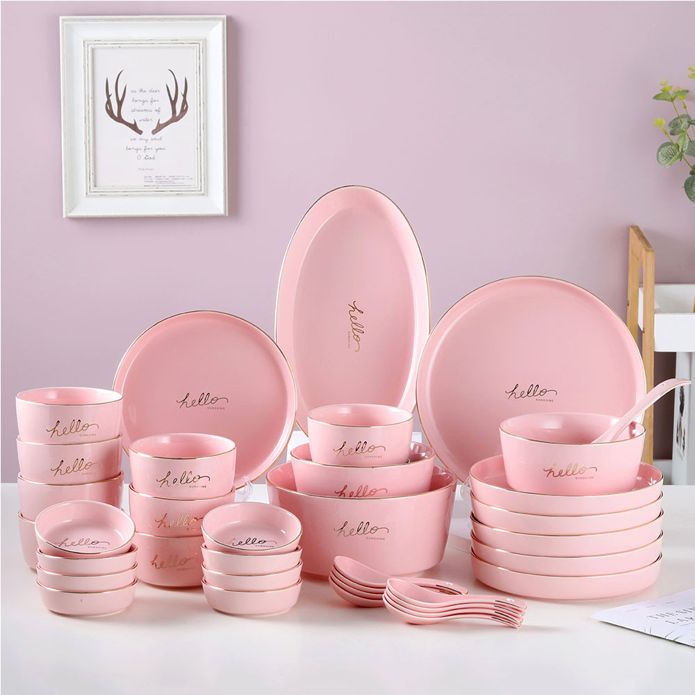 36pcs Dinner Set Porcelain Pink Marble Dinner Set with Gold Rim Pink Dinner Plate and Bowl Set