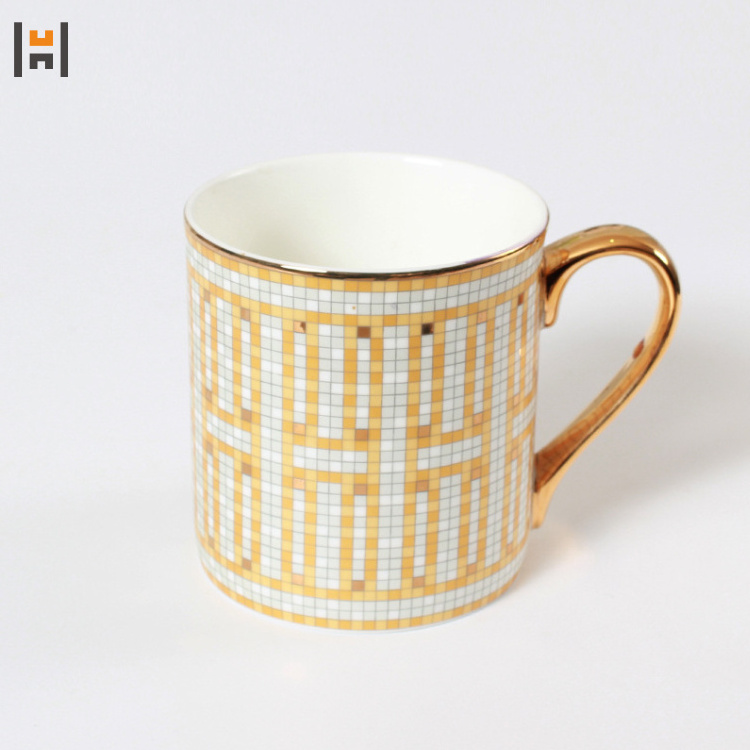 380ml Royal gold grid pattern fine bone china ceramic coffee mug for gift wedding