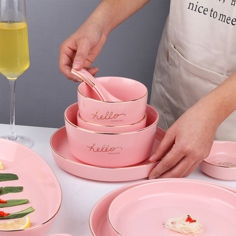 36pcs Dinner Set Porcelain Pink Marble Dinner Set with Gold Rim Pink Dinner Plate and Bowl Set