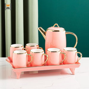 Luxury Tea Set 8pcs Porcelain Pink Coffee Tea Set with Gold Decor Ceramic Tea Pot and Cup Set