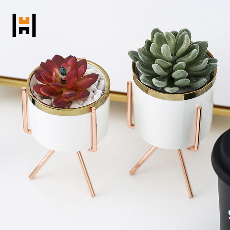 Ceramic Desk Pot with Gold Rim/ Metal Stand Porcelain Succulent Plants Pot