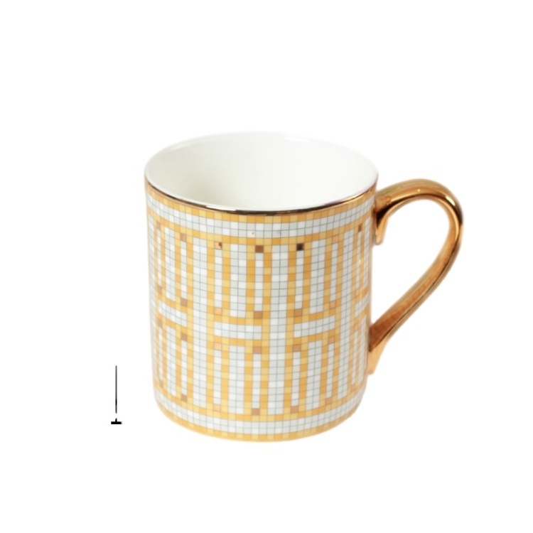 380ml Royal gold grid pattern fine bone china ceramic coffee mug for gift wedding