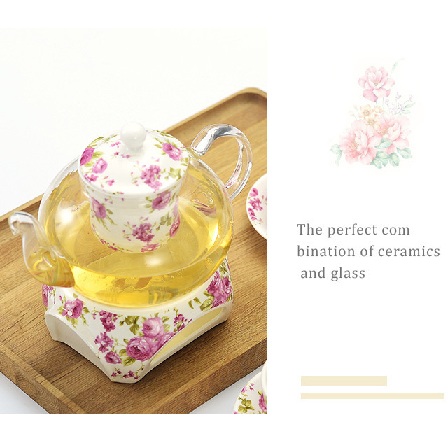 Glass Tea Maker Teapot Set with Ceramic Warmer and 2 Cups