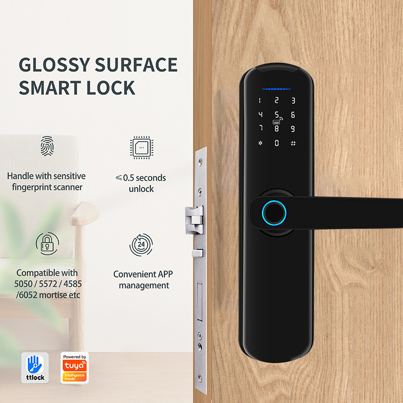 Waterproof Tuya WiFi App Smart Door Lock Multiple National Languages Biometric fingerprint Door Handle Digital Keyless Door Lock