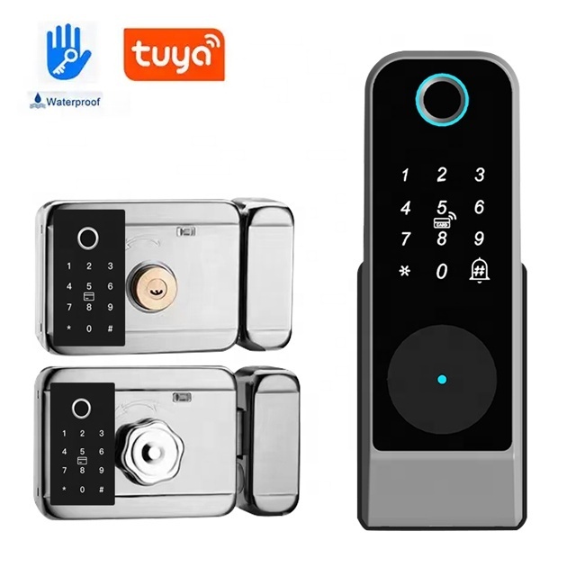 Waterproof Double Sides Rim Lock Tuya Wifi App RFID Digital Smart Fingerprint Door Lock For Outdoor Gate Front Door