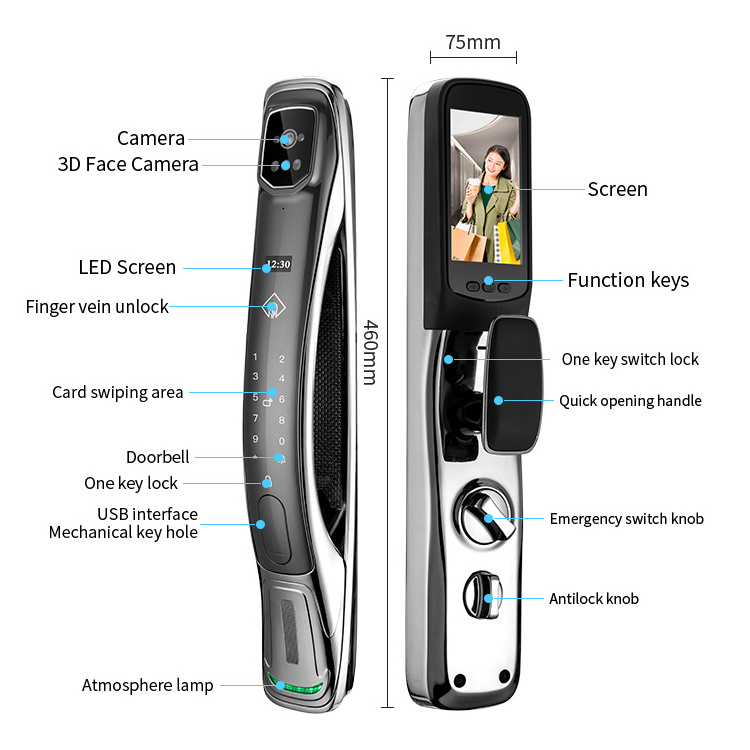 3D Face Recognition Video Record Real-time Intercom Smart WIFI Automatic Fingerprint Keyless Door Lock With Camera