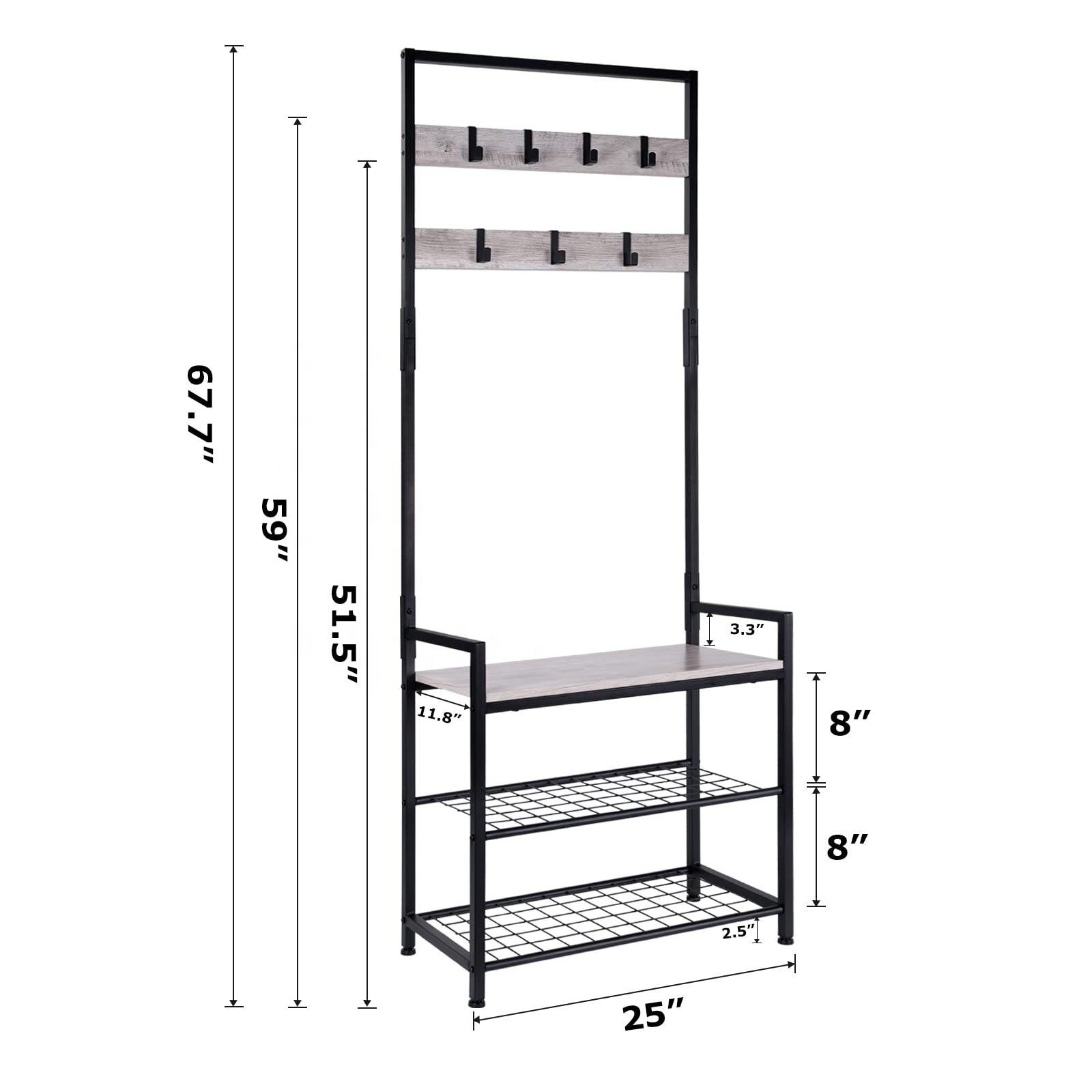 Home Furniture Hall Tree Free Standing Household Removable Hooks Metal 3-In-1 Entryway Coat Rack Hanger Shoe Bench