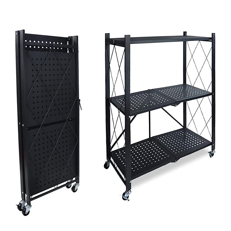 3 Tier High Capacity Floor Standing Multilayer Folding Mobile Microwave Oven Rack Foldable Clothes Rack With Wheels