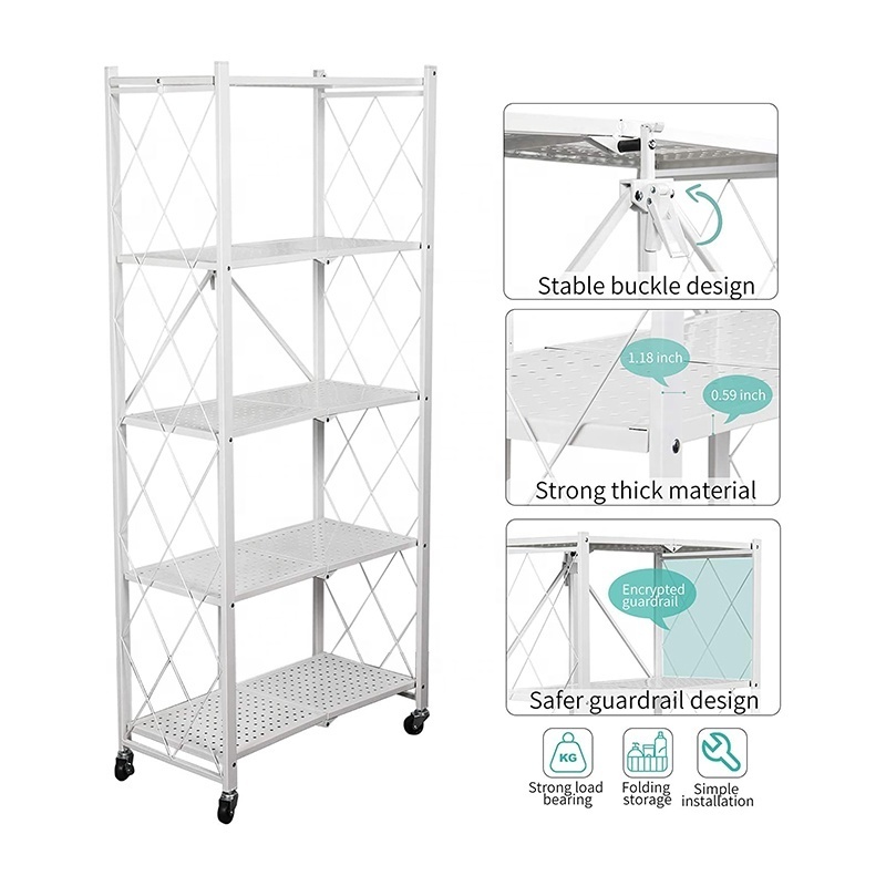 Metal 5 Layers White Steel Kitchen Folding Shelving Unit Mobile Household Storage Rack Foldable Display Shelf For Bathroom