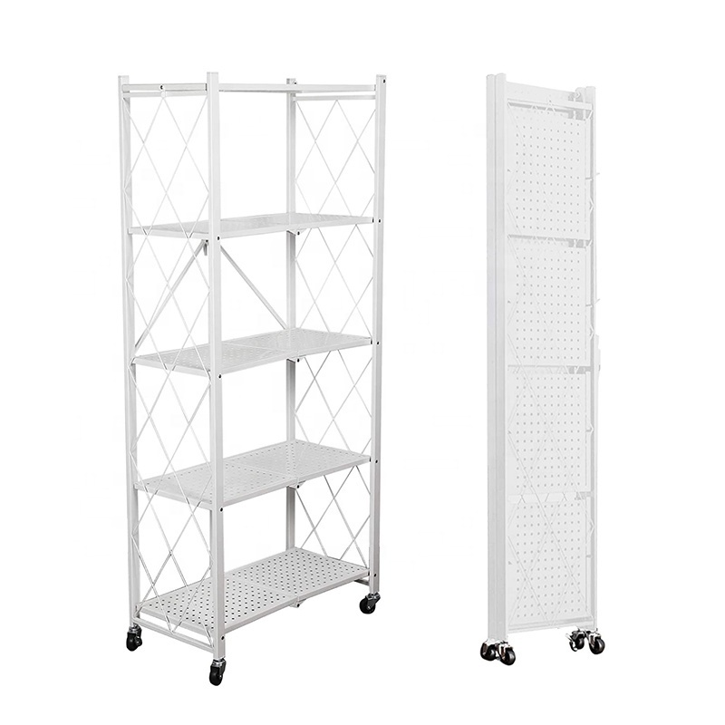 Metal 5 Layers White Steel Kitchen Folding Shelving Unit Mobile Household Storage Rack Foldable Display Shelf For Bathroom