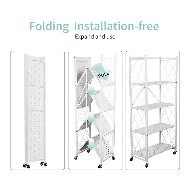 Metal 5 Layers White Steel Kitchen Folding Shelving Unit Mobile Household Storage Rack Foldable Display Shelf For Bathroom