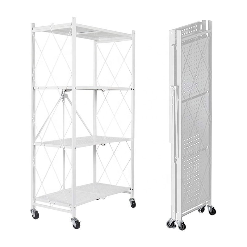 Metal 5 Layers White Steel Kitchen Folding Shelving Unit Mobile Household Storage Rack Foldable Display Shelf For Bathroom