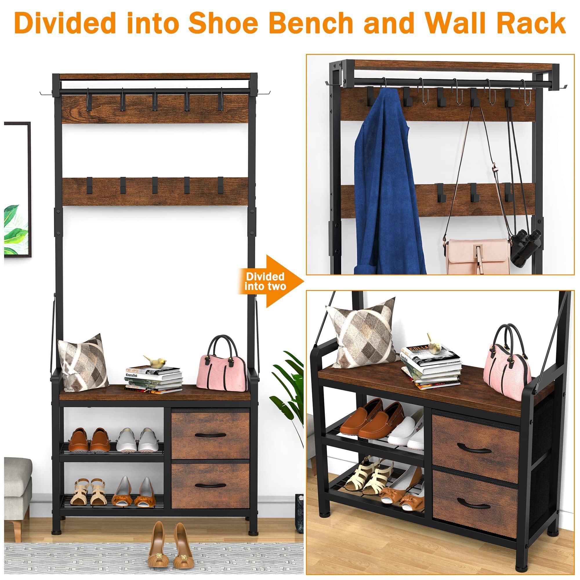 Modern 3-In-1 Entryway Coat Rack Hall Tree Wood Wall Mounted Coat Rack Easy Assembly Storage Shoe Bench With Hooks