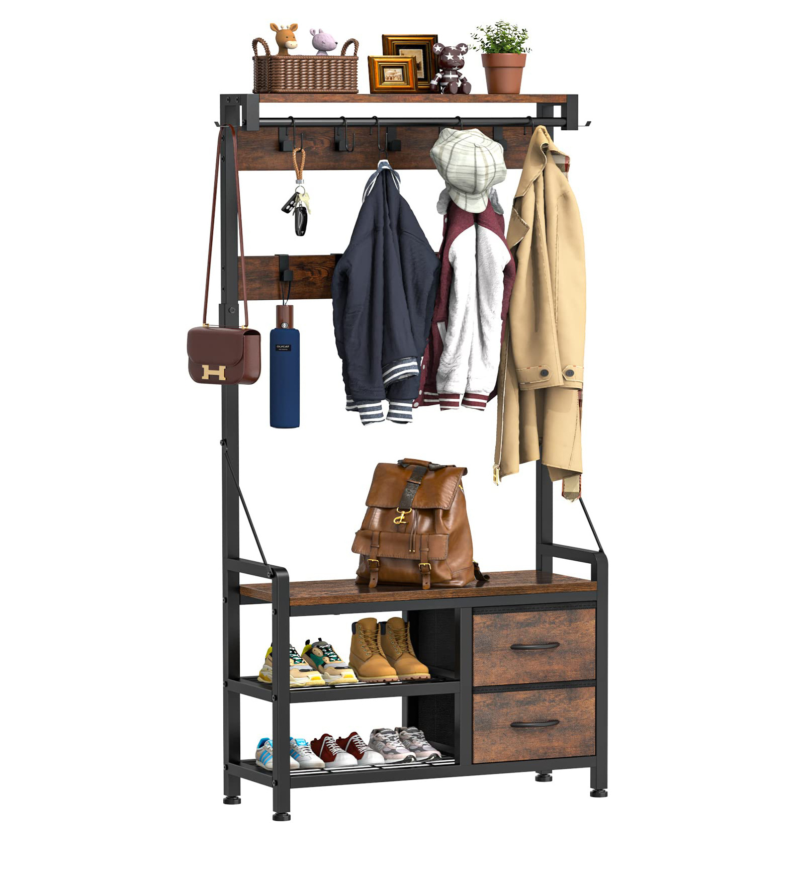 Modern 3-In-1 Entryway Coat Rack Hall Tree Wood Wall Mounted Coat Rack Easy Assembly Storage Shoe Bench With Hooks