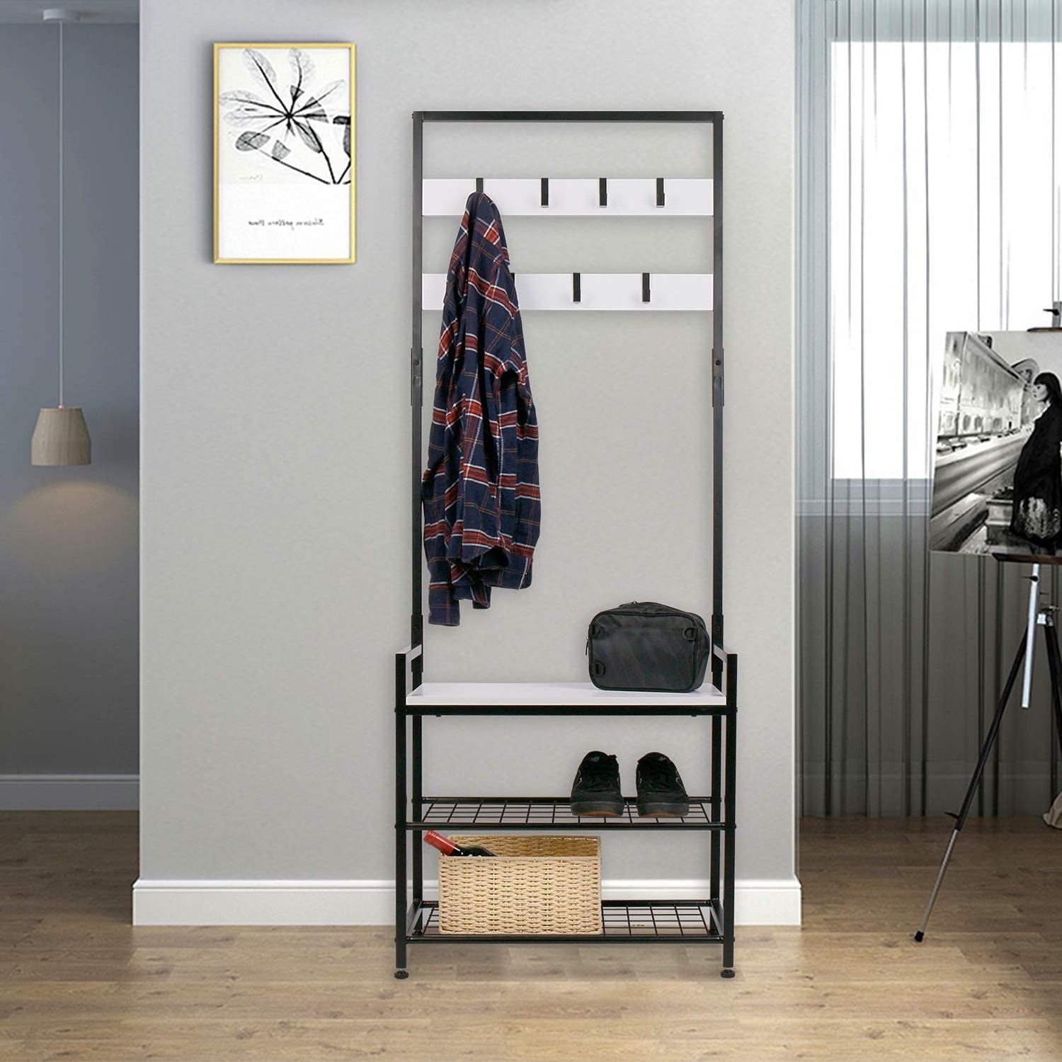 Home Storage Furniture Entry Coat Rack Wall Mount Wooden Metal Standing Coat Rack Hall Tree Shoe Bench Clothes Rack With Hook