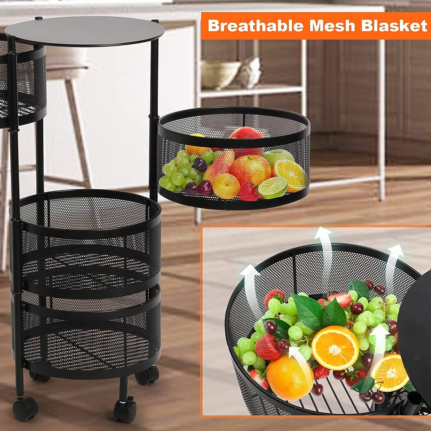 Removable Metal Wire Black 360 Degree Rotating Multi Layer Kitchen Shelf Vegetable Storage Shelves Organizer Rack For Kitchen