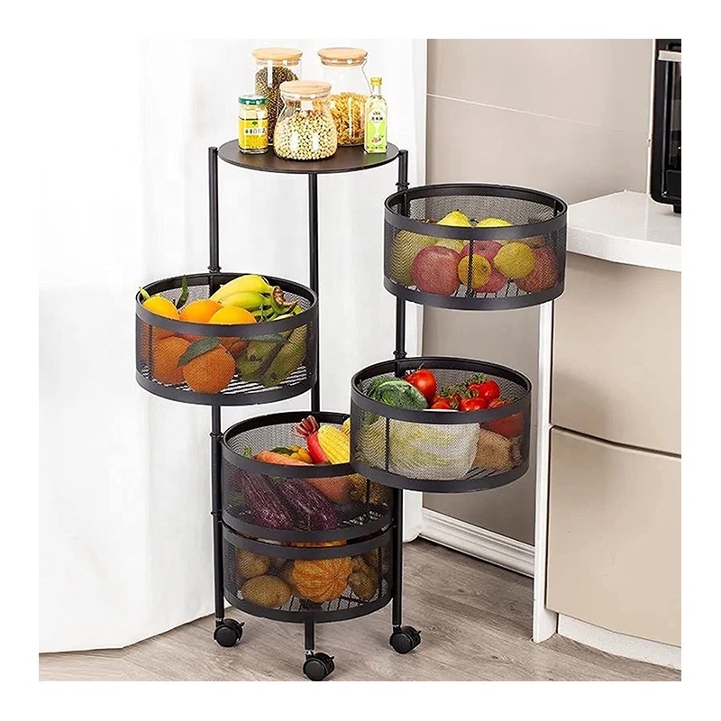 Removable Metal Wire Black 360 Degree Rotating Multi Layer Kitchen Shelf Vegetable Storage Shelves Organizer Rack For Kitchen