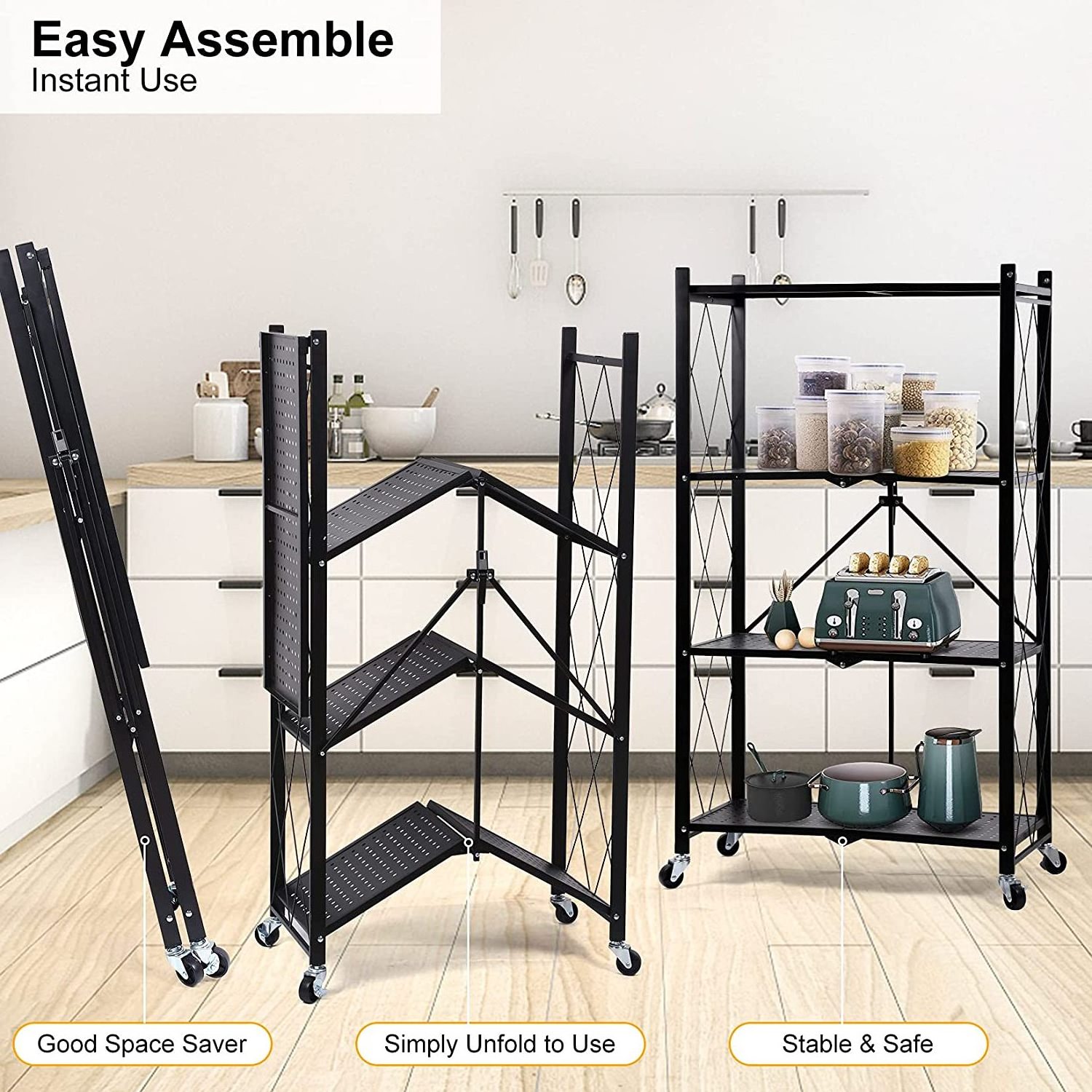 4 Tier Foldable Shelving Unit Folding Shelves Heavy Duty Storage Shelving Metal Shelf Standing Shelves Units For Home