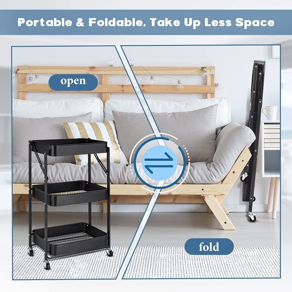 3-Tier Mobile Folding Service Cart Storage Shelf Kitchen Storage Rolling Wheels Metal Frame Utility Rolling Trolleys And Carts