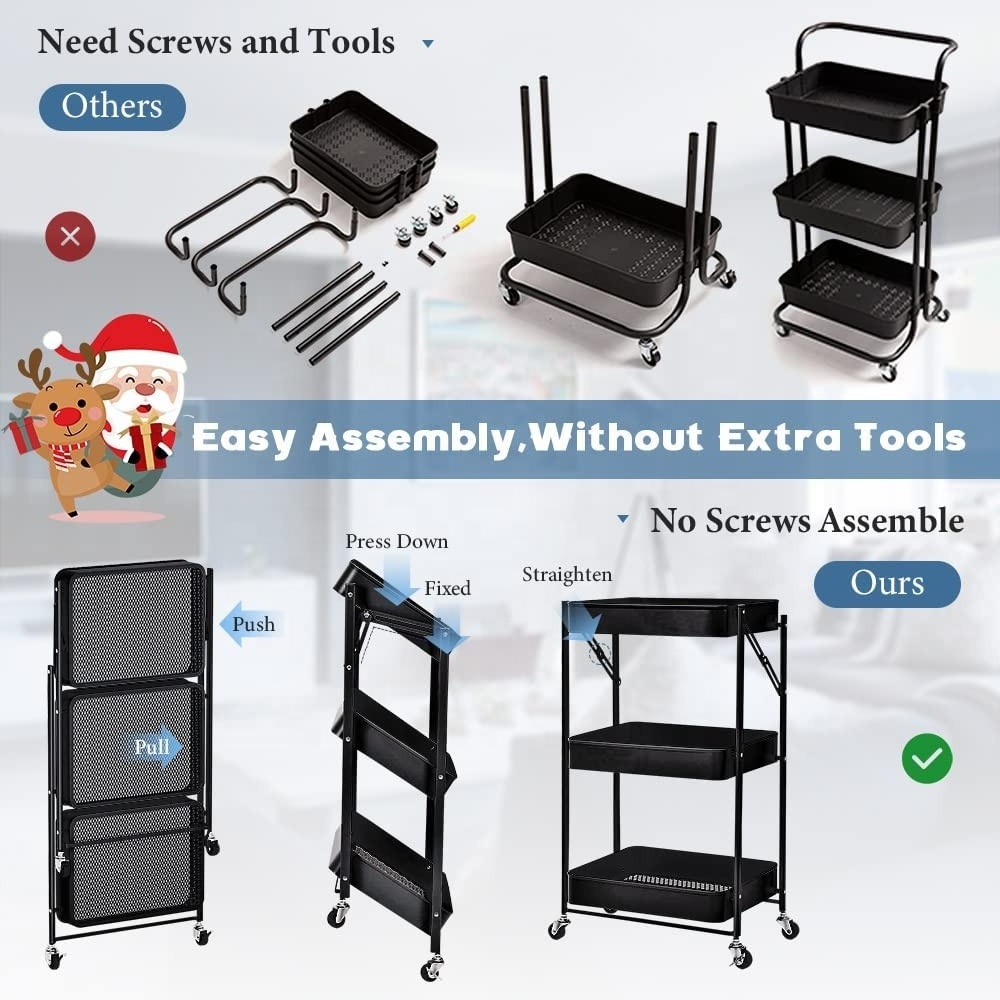 3-Tier Mobile Folding Service Cart Storage Shelf Kitchen Storage Rolling Wheels Metal Frame Utility Rolling Trolleys And Carts