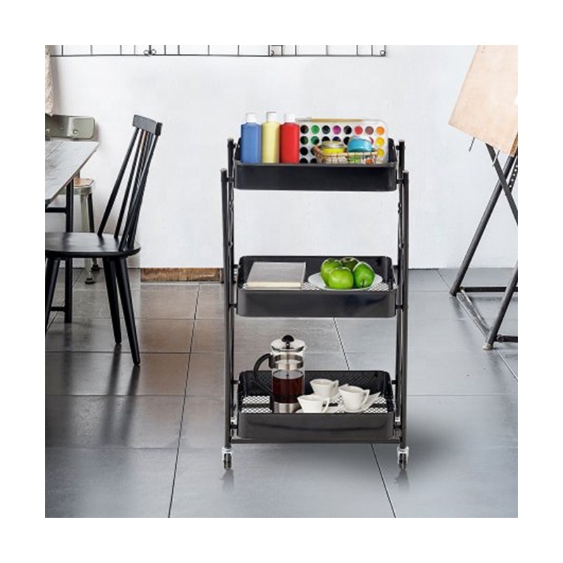 3-Tier Mobile Folding Service Cart Storage Shelf Kitchen Storage Rolling Wheels Metal Frame Utility Rolling Trolleys And Carts