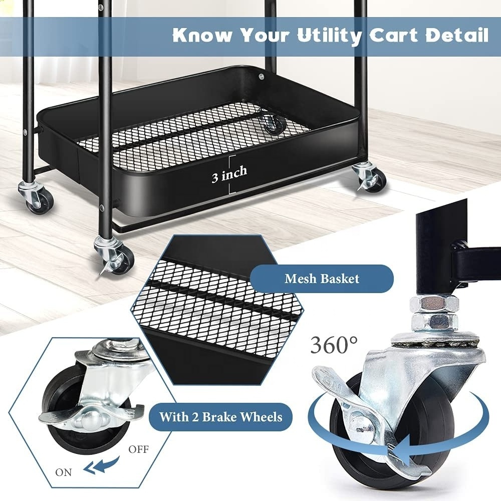 3-Tier Mobile Folding Service Cart Storage Shelf Kitchen Storage Rolling Wheels Metal Frame Utility Rolling Trolleys And Carts