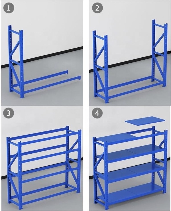 Easy-Install Height Adjustable Heavy Duty 4 Layers Industrial Iron Shelf Warehouse Stackable Metal Shelves For The Garage