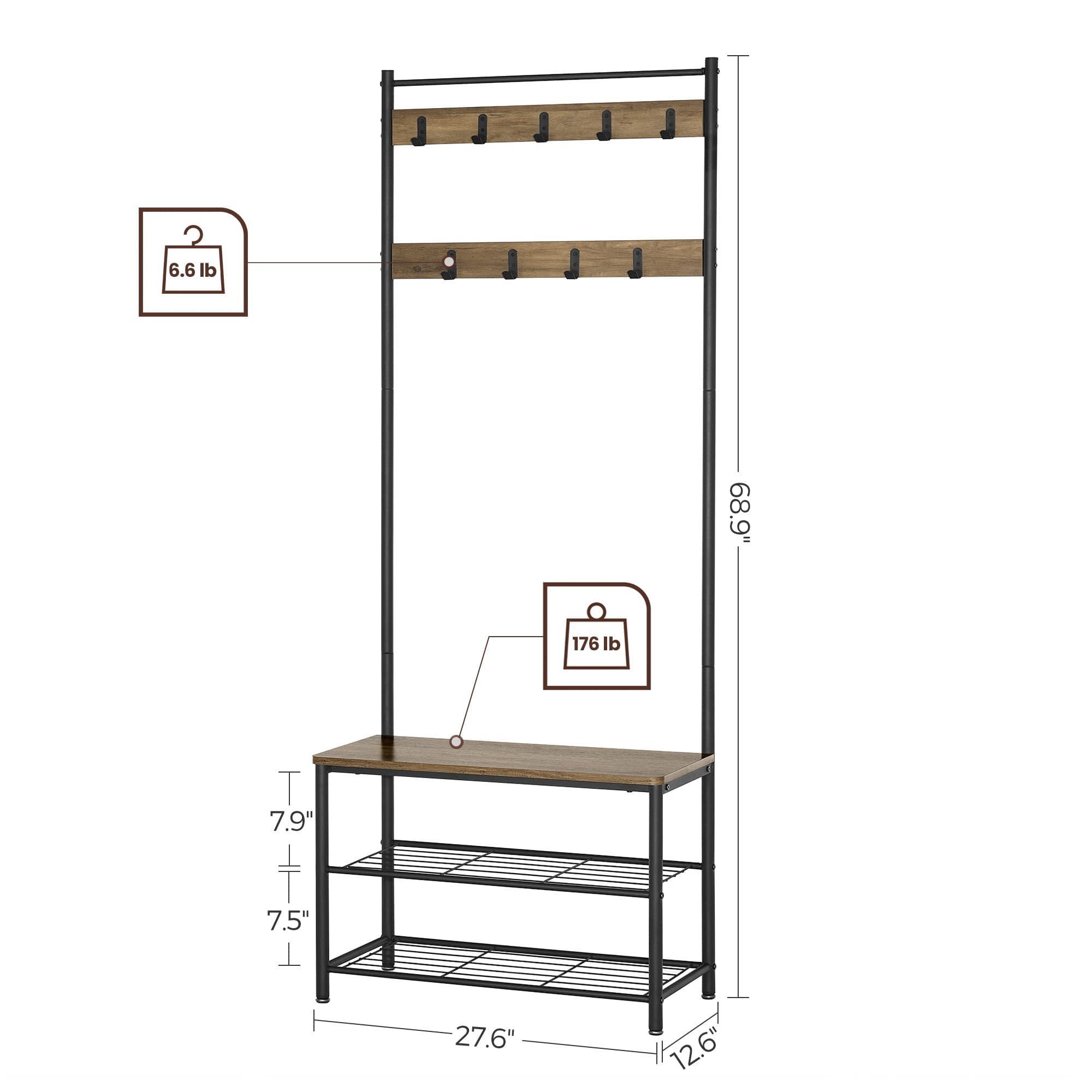 Vintage Assembly Free Standing Hall Tree 3-In-1 Entryway Wood Coat Rack Wall Mount With Storage Bench Shoe Rack