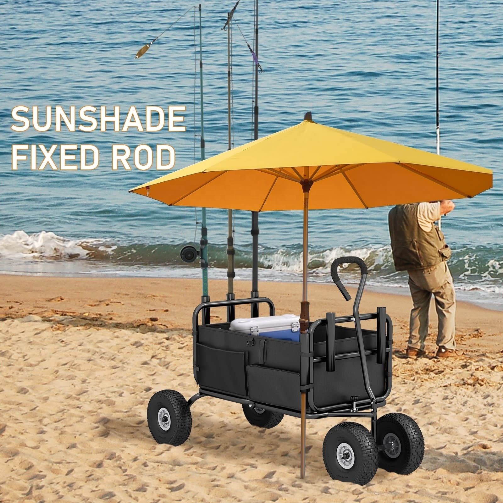 Beach Fishing Cart Heavy Duty Foldable Frame Wagons Load Umbrella Holder And Storage Pockets Sea Fishing Trolley